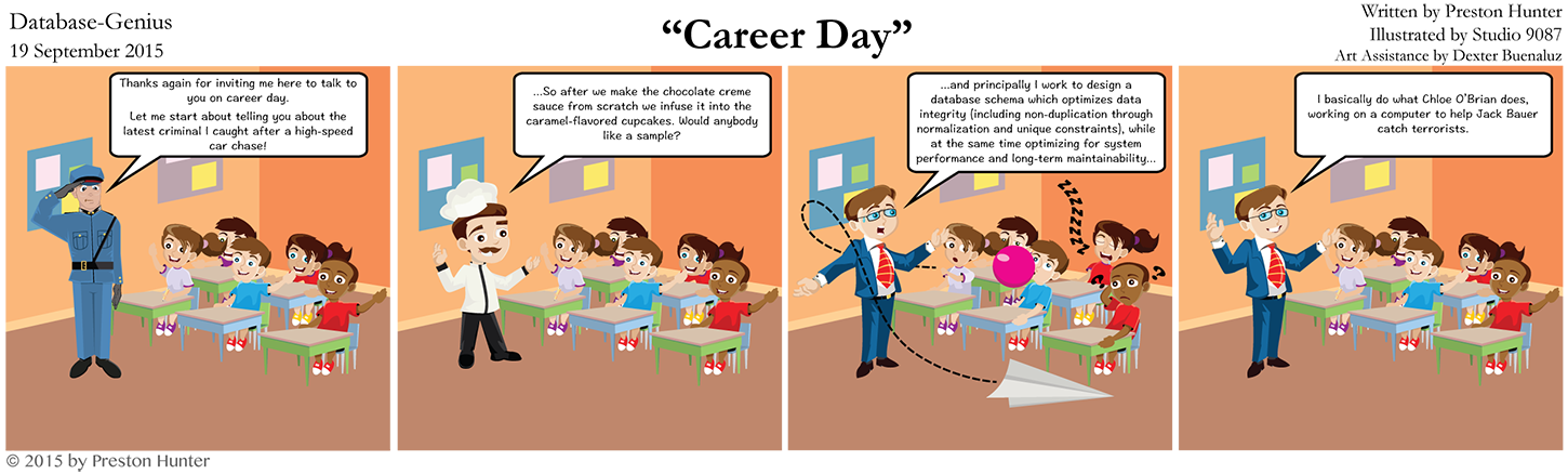 Preston Hunter: Database Genius (relational database cartoon): Career Day